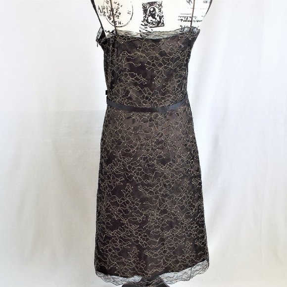 Laundry by Shelli Segal Black Lace w/ Brown Underlay Spaghetti Strap Dress Sz 10 - Picture 5 of 9